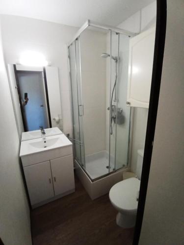 une salle de bain avec une douche, un lavabo et des toilettes dans l'établissement Résidence Le France - Studio confort 2 personnes Plagne Centre MAE-2834, à Aime La Plagne