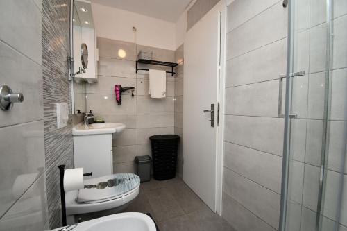 a bathroom with a toilet and a sink and a shower at Apartment Bellevue in Vodnjan