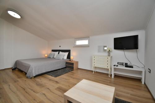 a bedroom with a bed and a flat screen tv at Apartment Bellevue in Vodnjan