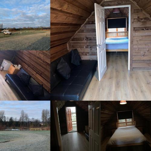a collage of four pictures of a tiny house at Weston glamping pod in Oswestry