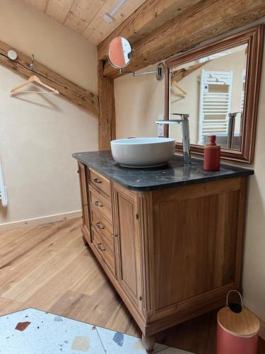 un baño con lavabo y espejo en Le gîte Samezo, en Villers-le-Lac