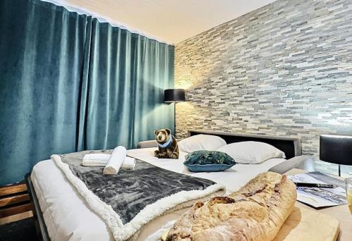 un chien assis sur un lit dans une chambre dans l'établissement Résidence Les Hauts Lieux - Joli studio cabine 4 personnes à Tignes au pied des commerces et proche des pistes,avec vue imprenable sur le lac et le glacier MAE-2634, à Tignes