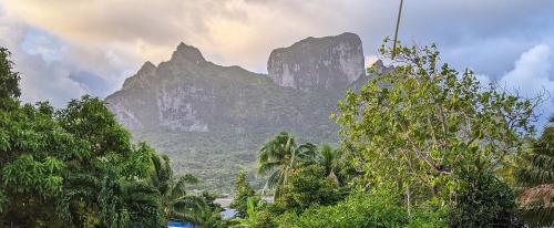 a mountain in the distance with trees in the foreground at Tiki Ora Lodge - TIKI in Bora Bora