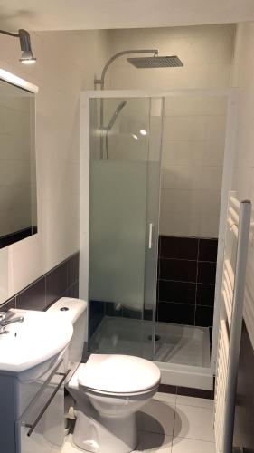 une salle de bain avec une douche, des toilettes et un lavabo dans l'établissement Charming studio Paris City Center - Maubert Mutualité, à Paris