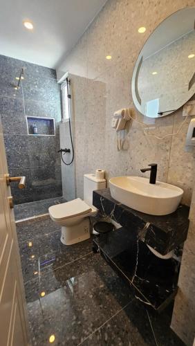 a bathroom with a sink and a toilet and a mirror at Villa Alba Apartments in Dobra Voda