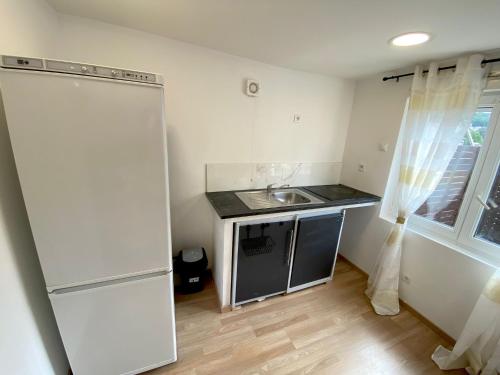 a small kitchen with a sink and a refrigerator at Danielle et octave in Clermont