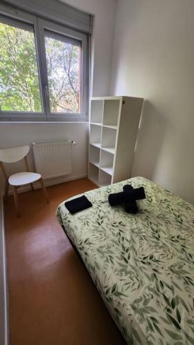 - une chambre avec un lit, une chaise et deux fenêtres dans l'établissement T3 moderne hyper centre parking privé, à Toulouse
