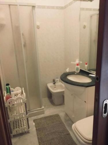 a bathroom with a sink and a toilet and a mirror at La casa di nonna Lia in Tollo