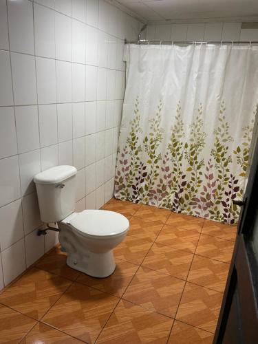 a bathroom with a toilet and a shower curtain at Habitación doble económica in Curicó