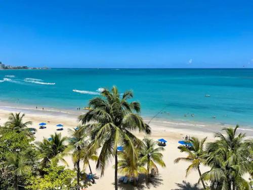 a view of a beach with palm trees and the ocean at OCEAN VIEW DELUXE SUITE: PVT. BEACH & POOL in San Juan