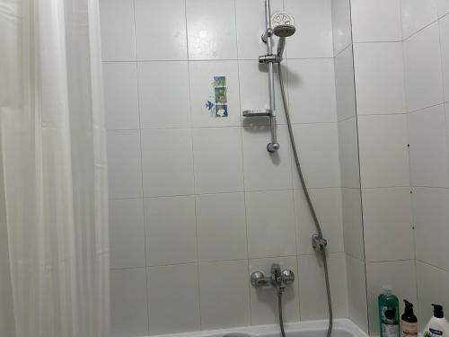a bathroom with a shower with a white tile wall at Big Apartment with Wifi, AC and SmartTV in Novi Sad
