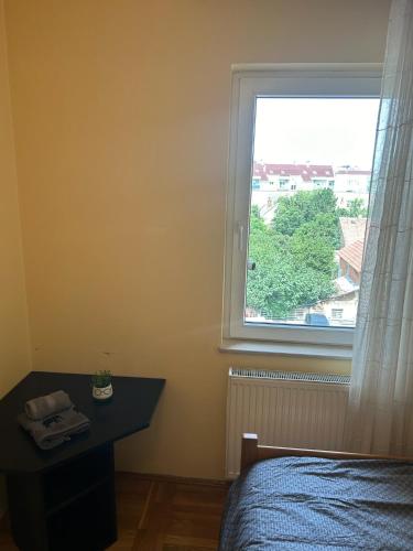 a bedroom with a window and a desk and a bed at Big Apartment with Wifi, AC and SmartTV in Novi Sad