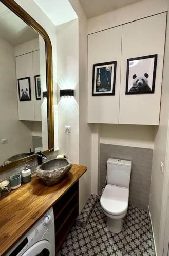 une salle de bain avec un lavabo, des toilettes et un miroir dans l'établissement Apartment near Eiffel Tower Olympic games tickets, à Paris