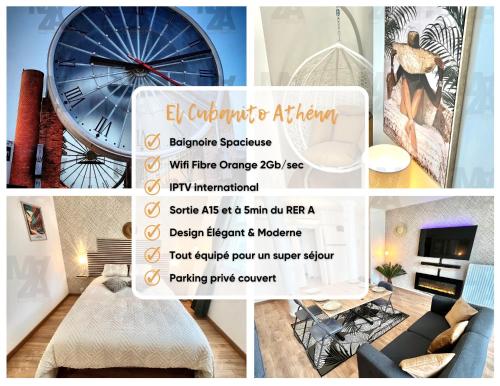 a collage of photos of a living room with a clock at El Cubanito Athéna - Résidence de Standing - 2 Chambres - Parking Privé - Gare à 8 min in Cergy
