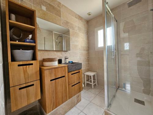 une salle de bain avec un lavabo et une douche dans l'établissement Maison récente 5 pers, proche mer et bourg, jardin, barbecue, wifi, animaux sur demande - FR-1-476-165, à Grues