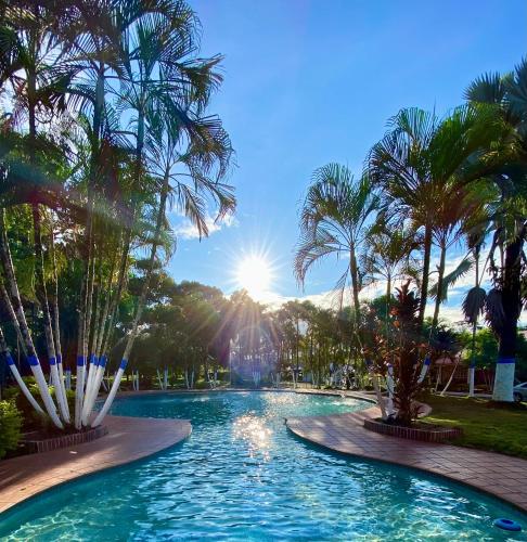 a pool with palm trees in a park at Finca Hacienda el Morichal in Villavicencio