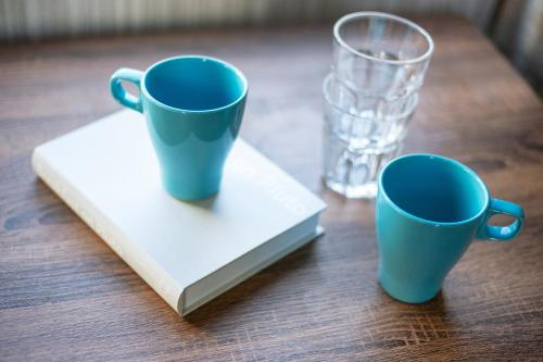 two blue cups sitting on a book on a table at Calm Asakusa Kaminarimon Gate CLx in Tokyo