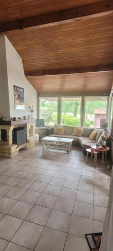 un salon avec un canapé et une cheminée dans l'établissement Maison avec piscine proche Contis plage (LANDES), à Saint-Julien-en-Born
