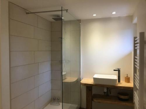 une salle de bain avec une douche en verre et un lavabo dans l'établissement Beaujolais Charentay lyon Maison avec piscine, à Charentay
