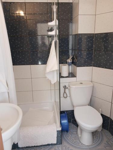 a bathroom with a white toilet and a sink at Pokoje Gościnne Jana in Łeba