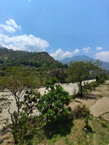 Blick auf ein Feld mit Bäumen und Bergen in der Unterkunft Hotel Abhishek in Chamoli