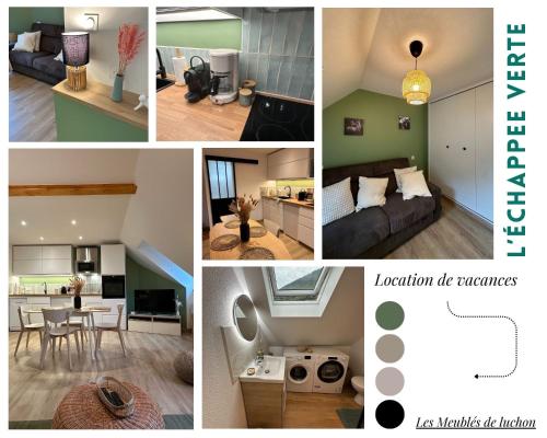 un collage de photos d'un salon et d'une cuisine dans l'établissement Les Meublés de Luchon - L'échappée verte - Centre Luchon, Calme, Wifi, à Luchon