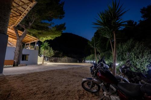 a group of motorcycles parked next to a building at night at Green Villa in Sarandë