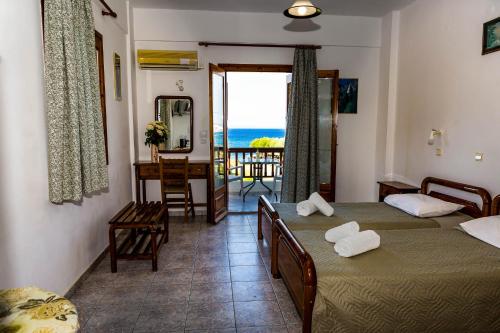 een slaapkamer met 2 bedden en uitzicht op de oceaan bij Apartments Dimitra in Kámpos