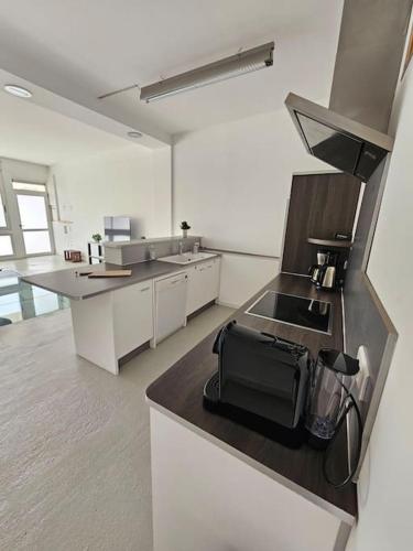 une grande cuisine blanche avec un comptoir avec un appareil électroménager dans l'établissement Magnifique Loft - Ste Victoire, à Rousset