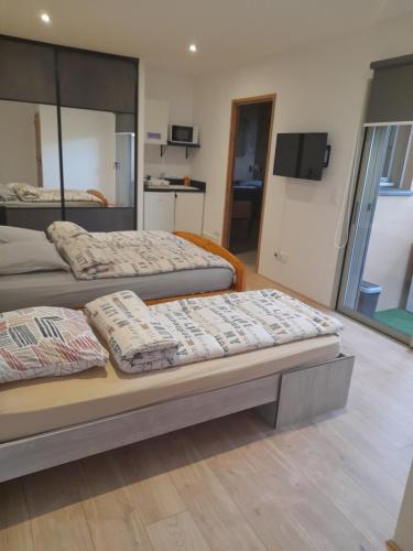 two beds sitting in a room with a tv at appartement Saint André in Saint-André