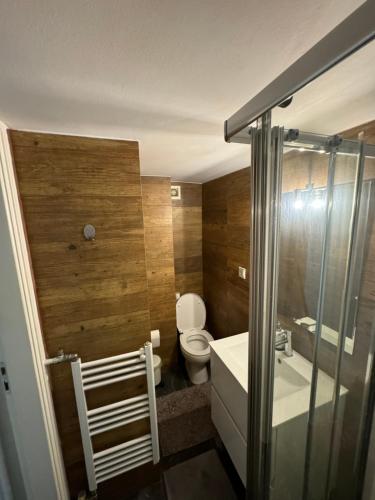 a bathroom with a toilet and a sink and a shower at Plaka quiet Apartment in Athens