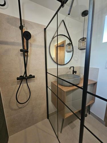 une salle de bain avec un lavabo et un miroir dans l'établissement Bel appartement sur le port avec jardin, au Cap d'Agde