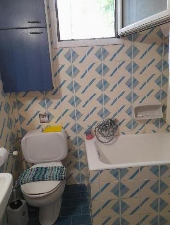a small bathroom with a toilet and a sink at Karya House in Kariá