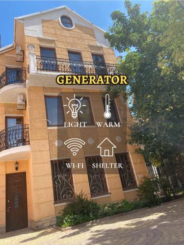 a building with a sign on the side of it at Valencia Hotel in Odesa