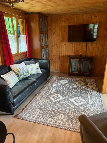 a living room with a black leather couch and a rug at Haus am See in Henndorf am Wallersee