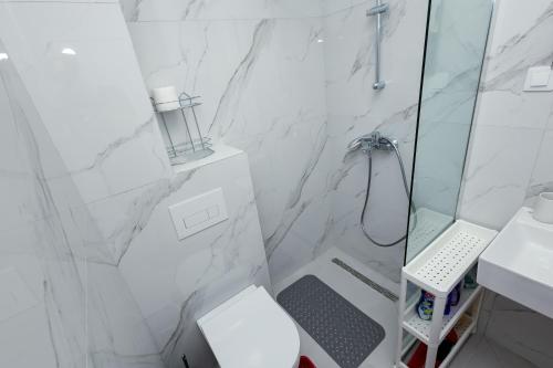 a white bathroom with a shower and a toilet at Elegant Escape Podgorica in Podgorica