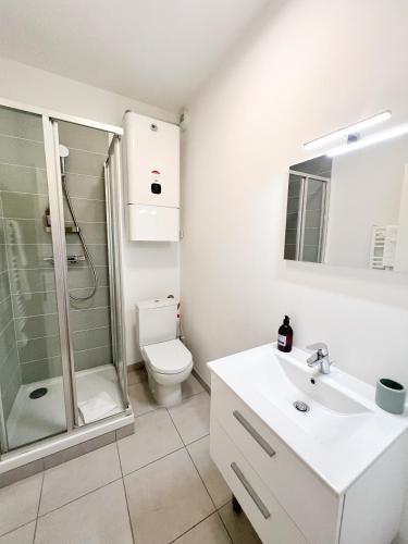 une salle de bain avec toilettes, lavabo et douche dans l'établissement Le Canopé - Centre ville - Gare, à Toulouse