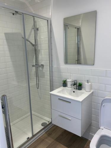 a bathroom with a shower and a sink and a mirror at Folkestone Harbour 1 Bed Apartment F4 in Kent
