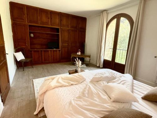 a bedroom with a large bed and a television at U Palazzu Corte in Corte