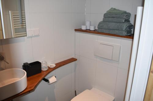 a bathroom with a sink and a toilet and towels at van Harte in Zeeland in Kamperland