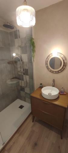 une salle de bain avec un lavabo, une douche et un miroir dans l'établissement Casa di Cortanni, à Castellare-di-Casinca