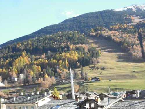 a view of a town with a mountain in the background at Hotel Gufo in Bormio