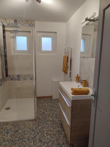 une salle de bain avec douche et lavabo dans l'établissement Au coeur de l'occitanie, à Cuq