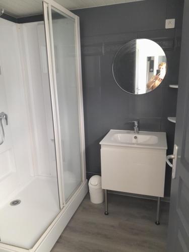 une salle de bain avec une douche, un lavabo et un miroir dans l'établissement Gite les sapins, à Friville-Escarbotin