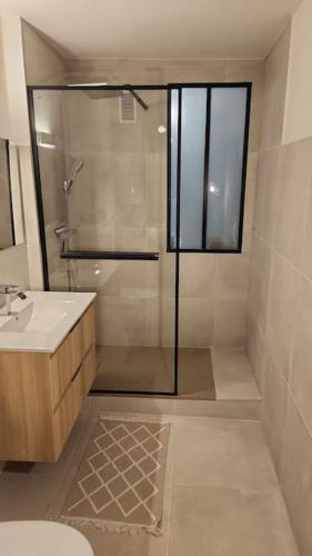 une salle de bain avec une douche, des toilettes et un lavabo dans l'établissement Studio boulouris cosy proche plage, à Saint-Raphaël