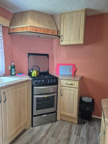 a kitchen with a stove and wooden cabinets at Abi in Zalewo