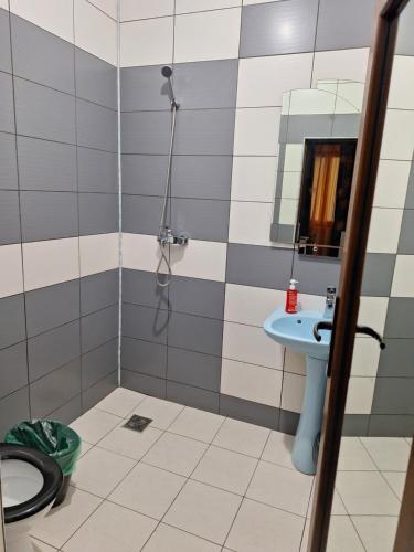 a bathroom with a sink and a mirror and a toilet at Casa inflorita camere in Eforie Nord