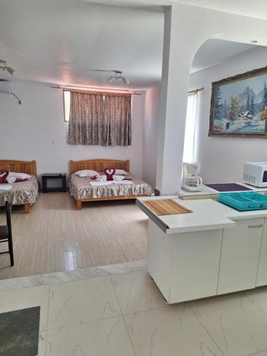 a kitchen and a living room with two beds at Casa inflorita camere in Eforie Nord