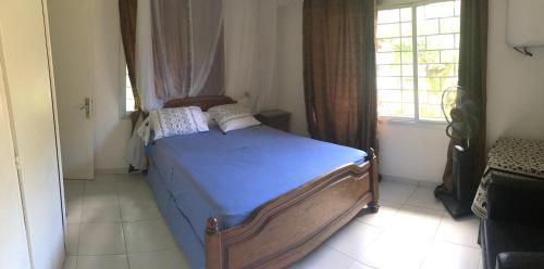 a bedroom with a bed with blue sheets and a window at Farida Lodge in Moroni