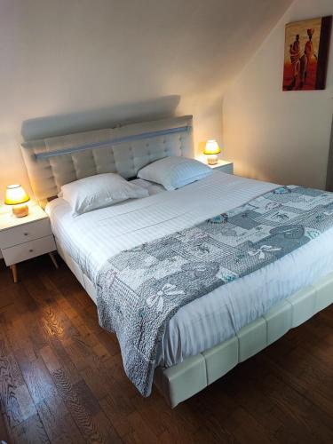 クウェットヴィルにあるLa longère dans la prairieの寝室にはランプが2つある大きなベッドがある